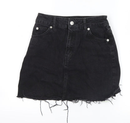 Additional front view of Topshop women’s black denim mini skirt, size UK 6