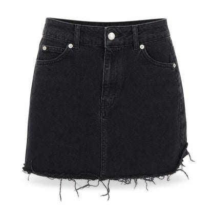 Front view of Topshop women’s black denim mini skirt, size UK 6