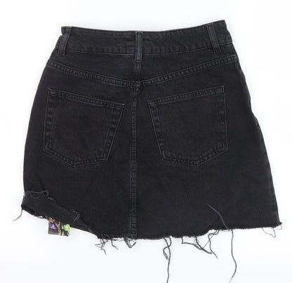 Back view of Topshop women’s black denim mini skirt, size UK 6
