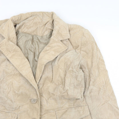 Close-up detail of New Look women’s beige corduroy jacket, size UK 12