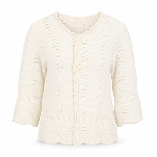 Front view of Wardrobe women’s white cardigan jumper, size UK 12