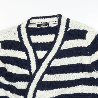 Close-up detail of M&Co women’s blue striped cape jumper, size M