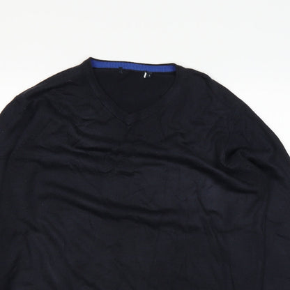 Close-up detail of EWM men’s blue jumper, size S
