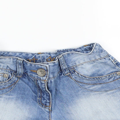 Close-up detail of Next girls’ blue mom shorts, size 7, years
