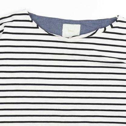 Close-up detail of Next women’s white striped jumper, size UK 8