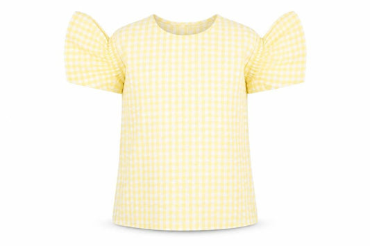 Front view of Matalan girls’ yellow check basic t-shirt, size 11, years - cut out shoulder