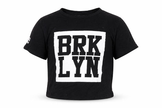 Front view of New Look girls’ black jersey cropped t-shirt, size 9, years