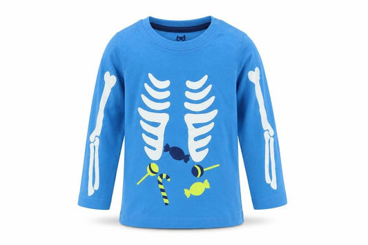 Front view of Lupilu boys’ blue jersey basic t-shirt, size 12-18, months - bones
