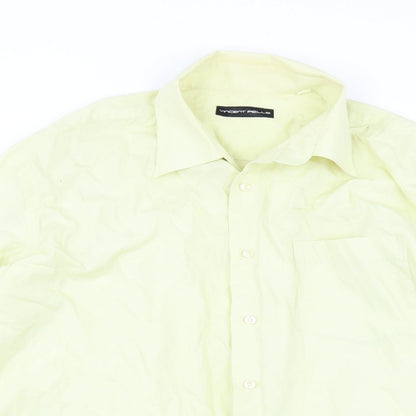 Close-up detail of vincent pelle men’s yellow button-up