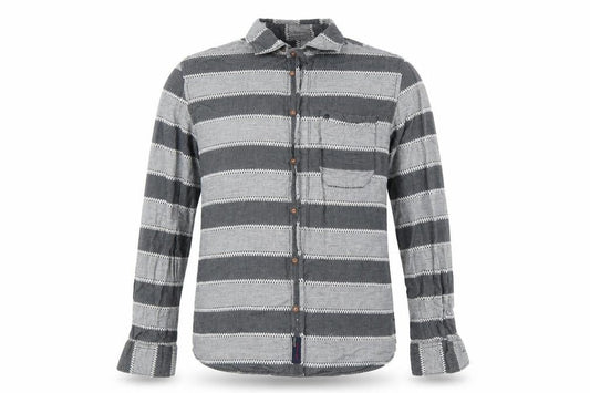 Front view of chennis men’s grey striped button-up, size S