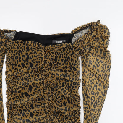 Close-up detail of Misguided women’s multicoloured animal print basic blouse, size UK 6