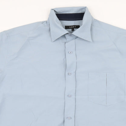 Close-up detail of Next men’s blue button-up, size L