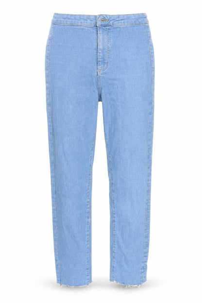 Front view of pre worn women’s blue trousers, size UK 8, 28-inch leg