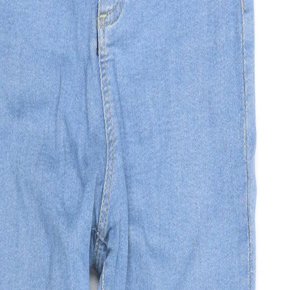 Close-up detail of pre worn women’s blue trousers, size UK 8, 28-inch leg