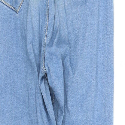 Brand and care label for pre worn women’s blue trousers, size UK 8, 28-inch leg