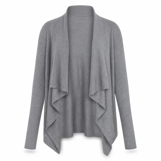 Front view of BHS women’s grey knit cardigan jumper, size S, - waterfall