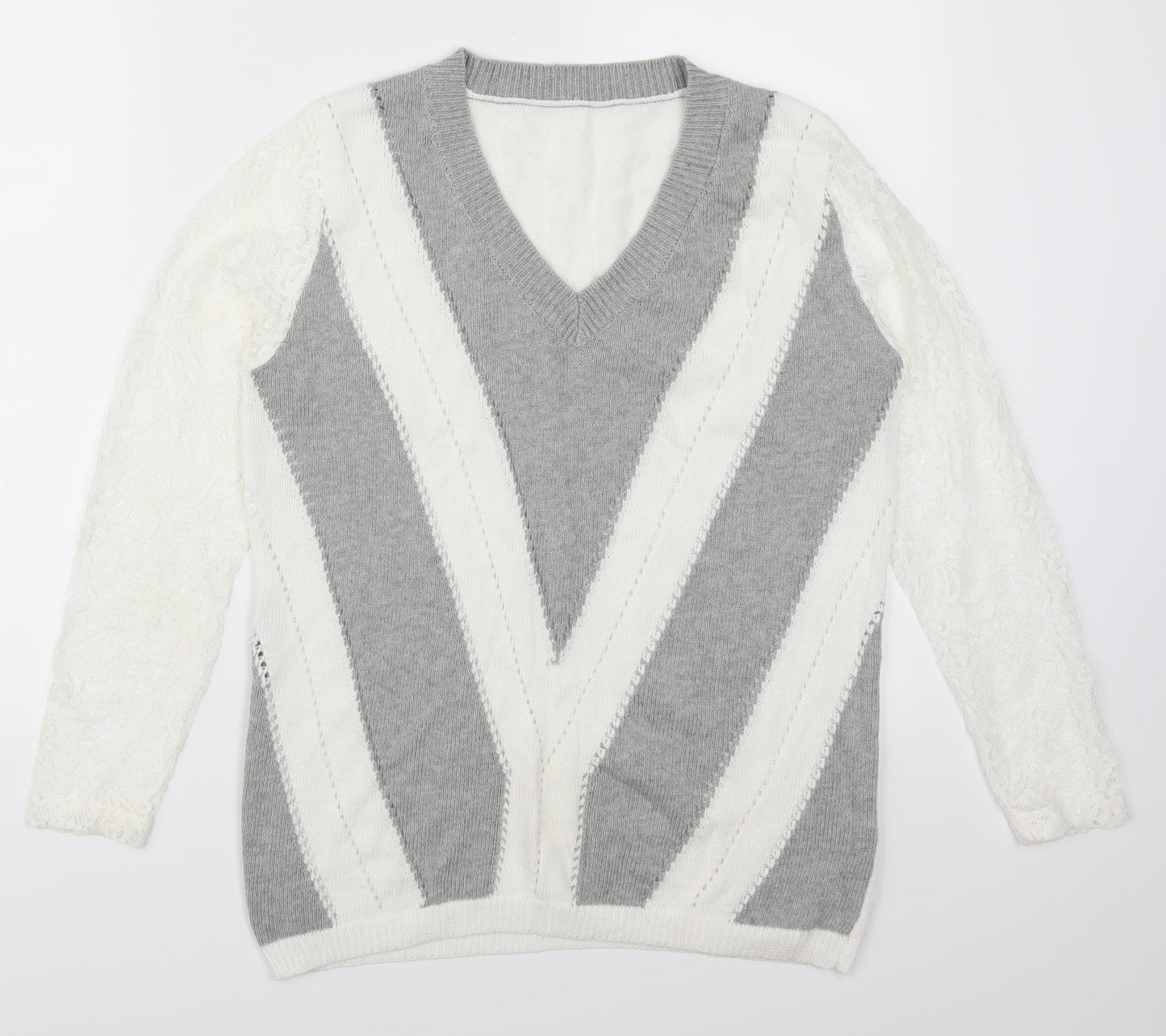 Preworn Womens Grey Striped Lace Pullover Jumper Size S