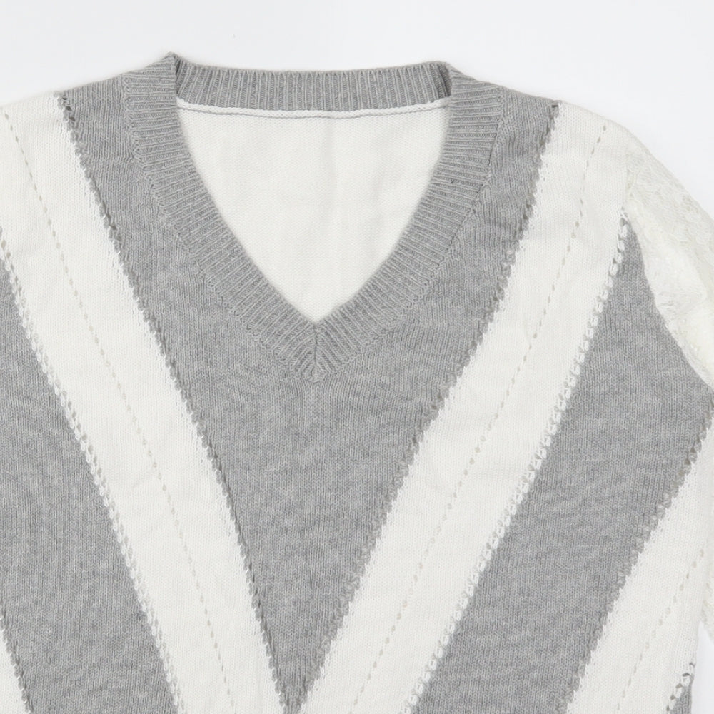 Preworn Womens Grey Striped Lace Pullover Jumper Size S
