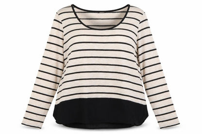 Front view of M&Co women’s beige striped jumper, size UK 16