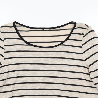 Close-up detail of M&Co women’s beige striped jumper, size UK 16