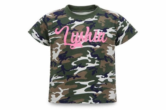 Front view of Preworn boys’ green camouflage basic t-shirt, size 2-3, years