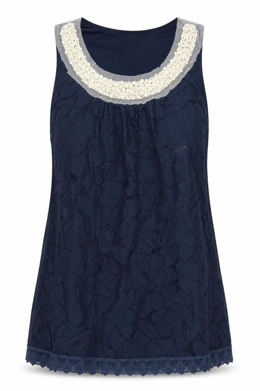 Front view of Ravi Famous women’s blue lace basic t-shirt, size S