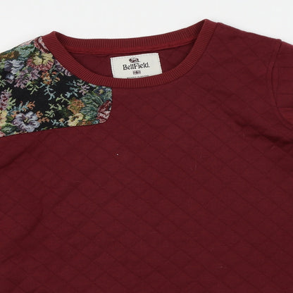 Close-up detail of Bell field women’s red pullover sweatshirt, size UK 8