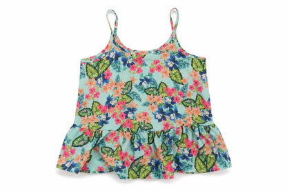 Front view of Candy Couture girls’ blue floral basic tank, size 10, years