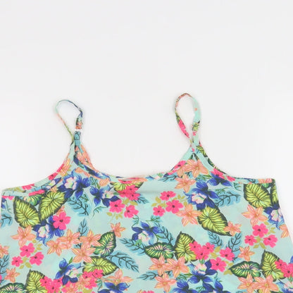 Close-up detail of Candy Couture girls’ blue floral basic tank, size 10, years