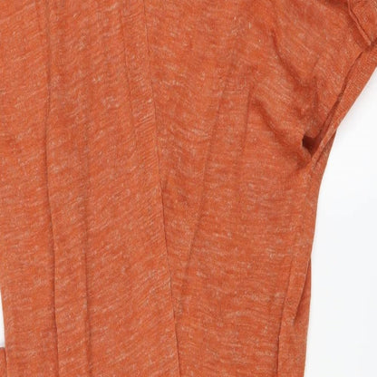 Close-up detail of River Island women’s orange cardigan jumper, size UK 8