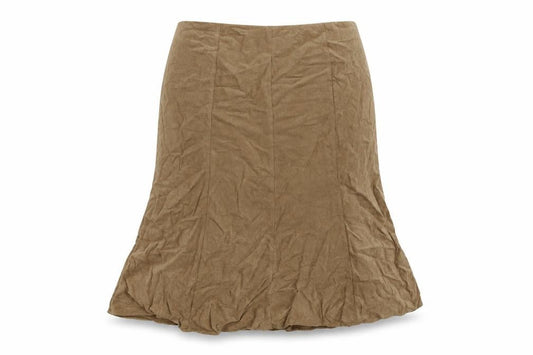 Front view of isle women’s beige striped velour tulip skirt, size UK 20