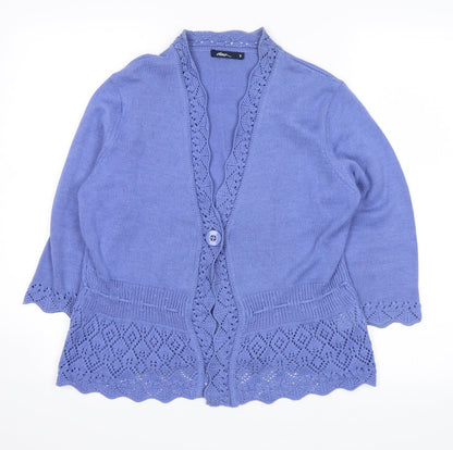 Front view of Dash women’s blue cardigan jumper, size UK 12