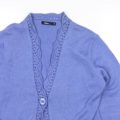 Close-up detail of Dash women’s blue cardigan jumper, size UK 12