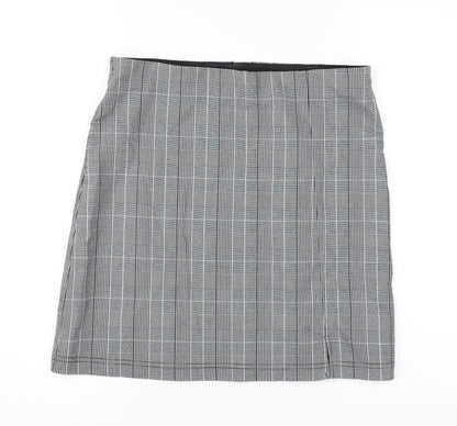 Front view of Topshop women’s black check a-line skirt, size UK 12
