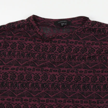 Close-up detail of Atmosphere women’s purple geometric basic t-shirt, size UK 10