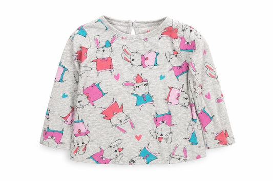 Front view of Next girls’ grey animal print basic t-shirt, size 3-6, months