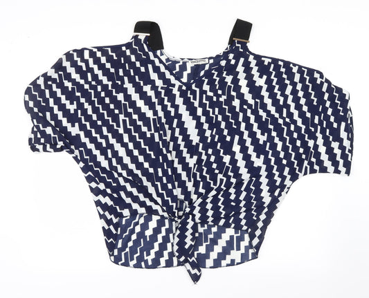 Vinceotto Womens Blue Geometric Mesh Basic Blouse Size L  - Open Shoulders