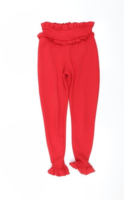 Additional front view of PRETTYLITTLETHING women’s red trousers, size UK 4, 22-inch leg