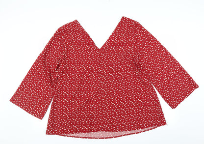 Back view of Preworn women’s red basic blouse, size 2XL, - heart pattern