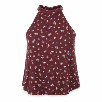 Front view of New Look women’s red floral basic blouse, size UK 8, - burgundy
