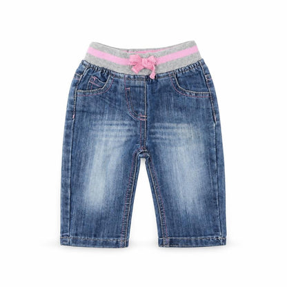 Front view of Peacocks girls’ blue jogger jeans, size 3-6, months