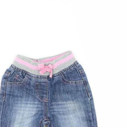 Close-up detail of Peacocks girls’ blue jogger jeans, size 3-6, months