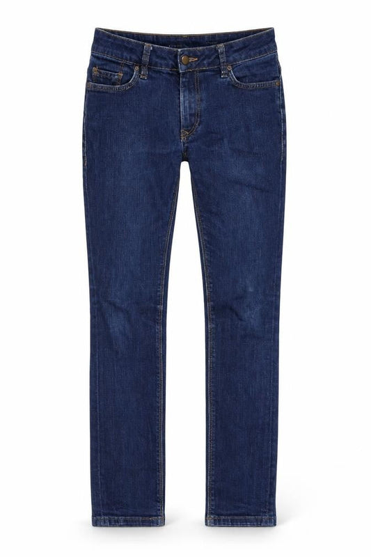 Front view of women’s blue denim skinny jeans, size UK 28, in, 32-inch leg