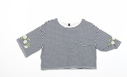 Additional front view of round women’s blue striped basic t-shirt, size M