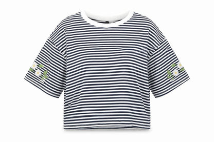 Front view of round women’s blue striped basic t-shirt, size M