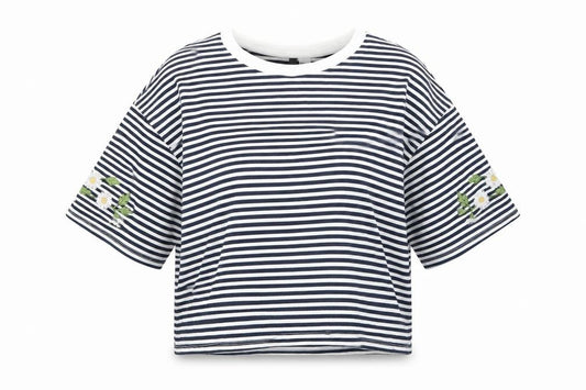 Front view of round women’s blue striped basic t-shirt, size M