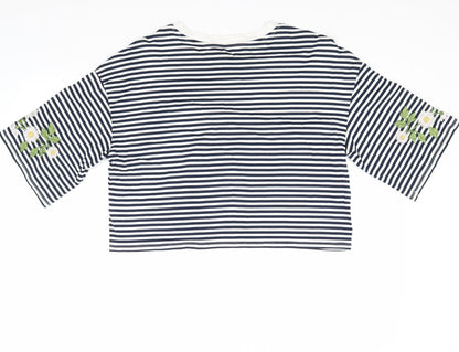 Back view of round women’s blue striped basic t-shirt, size M