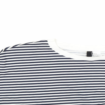 Close-up detail of round women’s blue striped basic t-shirt, size M