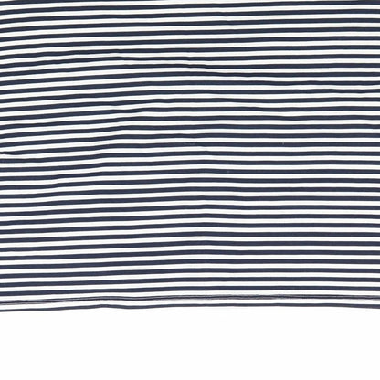 Brand and care label for round women’s blue striped basic t-shirt, size M
