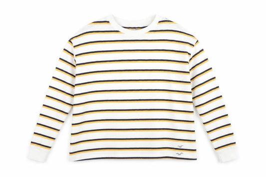 Front view of Hollister women’s white striped jumper, size S